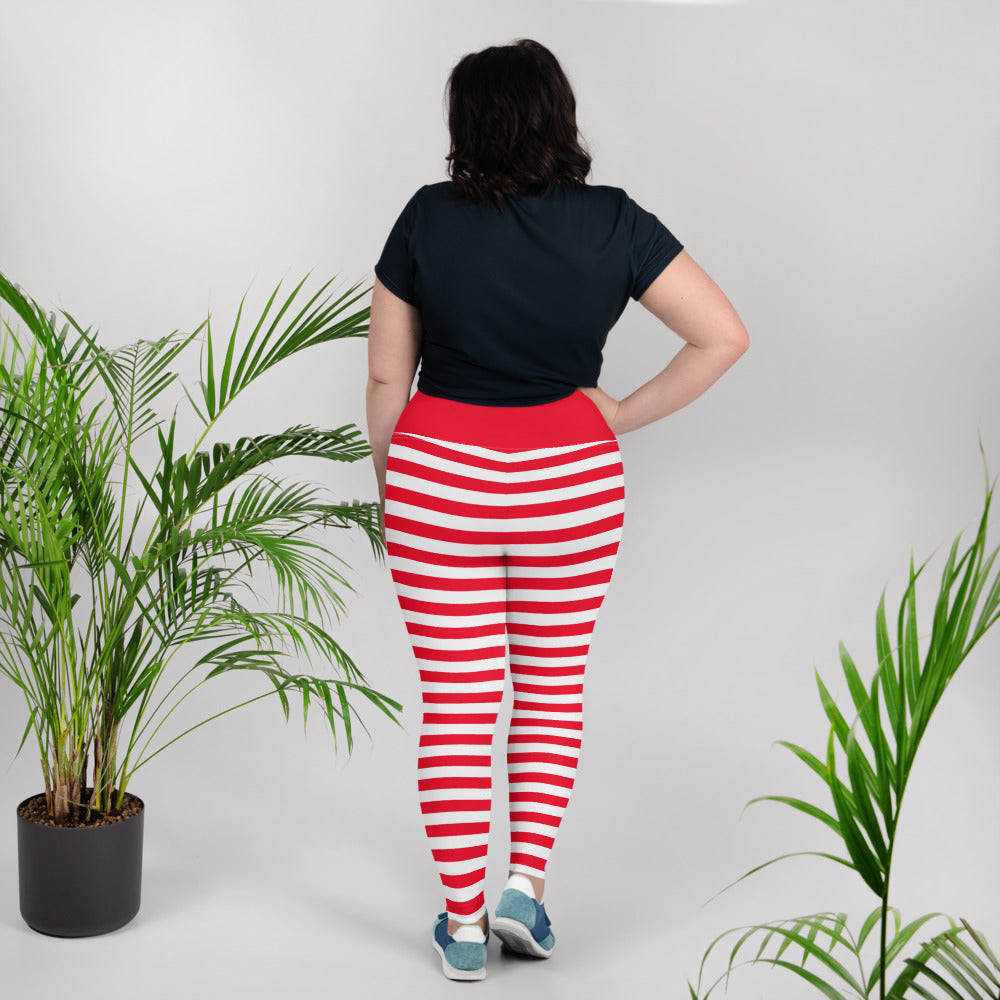 Red and White Striped Plus Size Women Leggings, Printed Christmas Elf Candy Cane Workout Gym Fun Yoga Pants Tights (2XL-6XL) Starcove Fashion