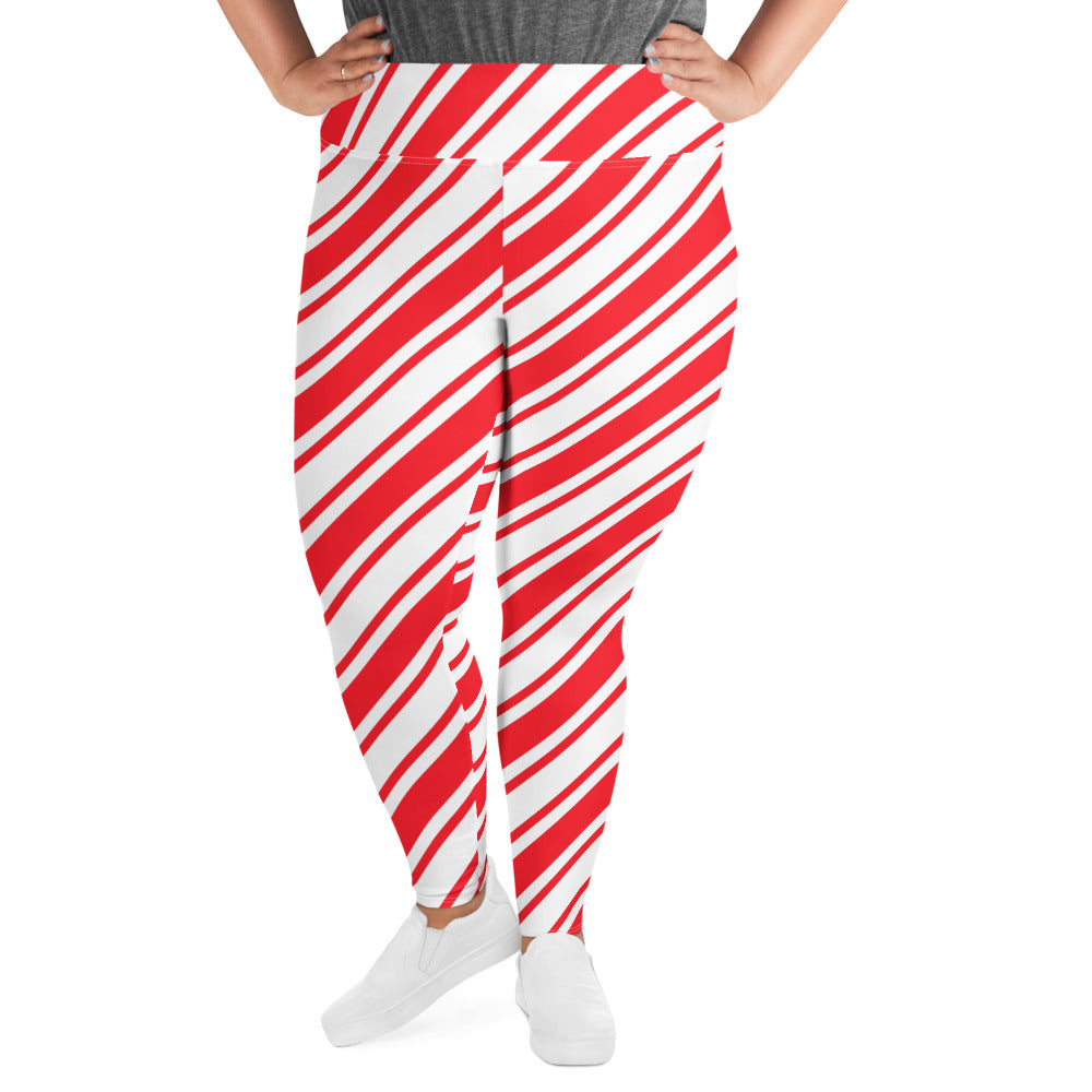 Candy Cane Plus Size Leggings, Women Red Christmas Striped Printed Elf Winter Designer Workout Gym Sports Fun Yoga Pants Tights Starcove Fashion