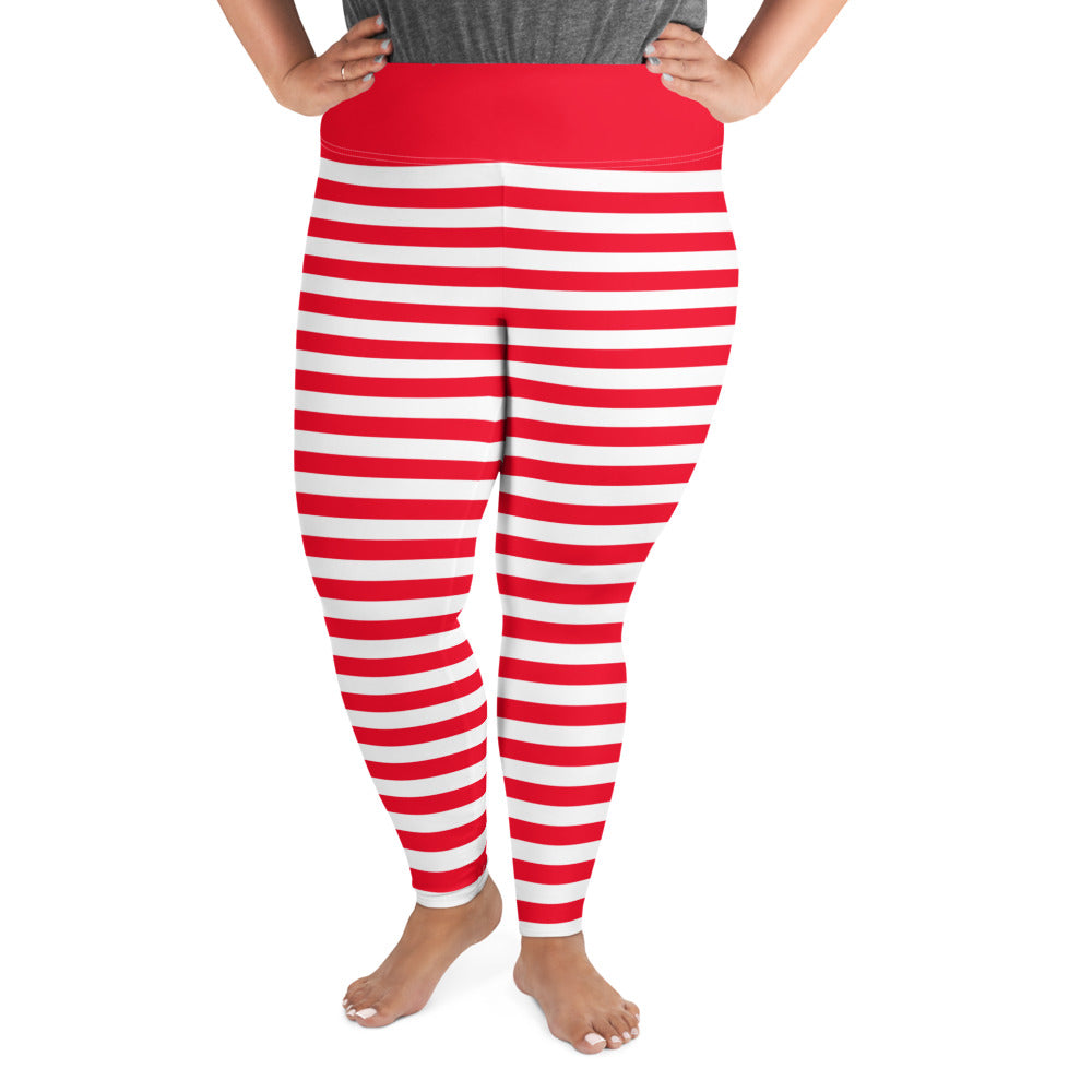 Red and White Striped Plus Size Women Leggings, Printed Christmas Elf Candy Cane Workout Gym Fun Yoga Pants Tights (2XL-6XL) Starcove Fashion