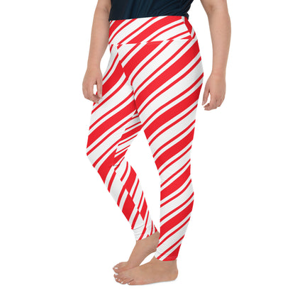 Candy Cane Plus Size Leggings, Women Red Christmas Striped Printed Elf Winter Designer Workout Gym Sports Fun Yoga Pants Tights Starcove Fashion