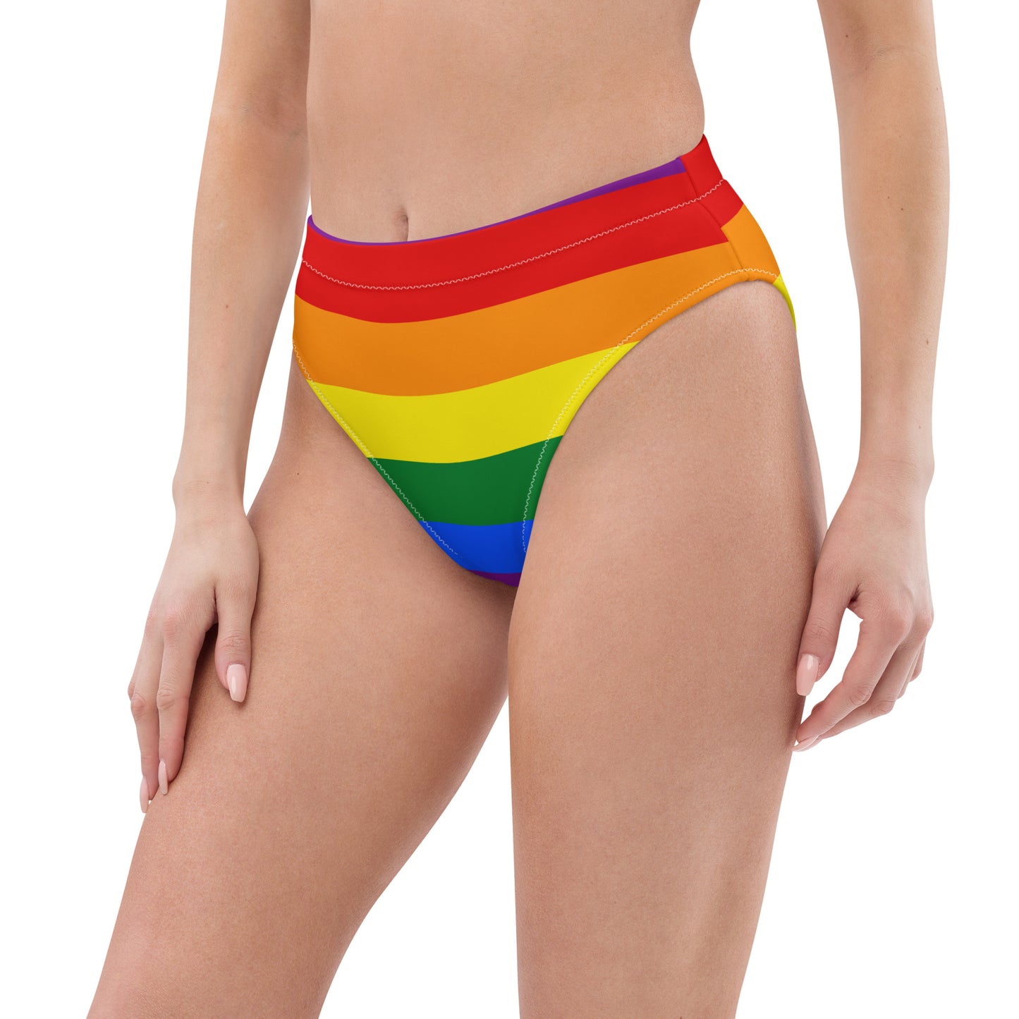 Pride Rainbow Flag Cheeky Bikini Bottom, Gay Stripe LGBT LGBTQ Sustainable Eco Friendly High Waisted Recycled Swimsuit Swimwear Starcove Fashion