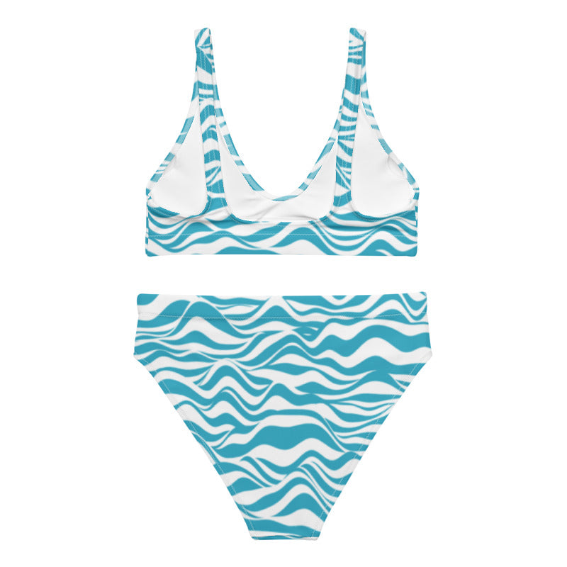 Blue Waves Sustainable High-Waisted Bikini Set, Groovy Recycled Eco Friendly Cheeky Swimsuits Women Padded Swimwear Starcove Fashion