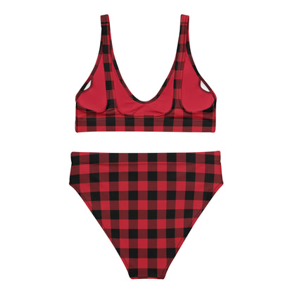 Red Buffalo Check Sustainable High-Waisted Bikini Set, Checker Plaid Recycled Eco Friendly Cheeky Swimsuits Women Padded Swimwear Starcove Fashion