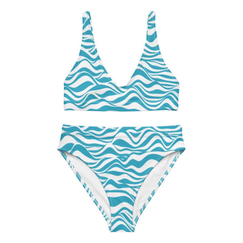 Blue Waves Sustainable High-Waisted Bikini Set, Groovy Recycled Eco Friendly Cheeky Swimsuits Women Padded Swimwear Starcove Fashion