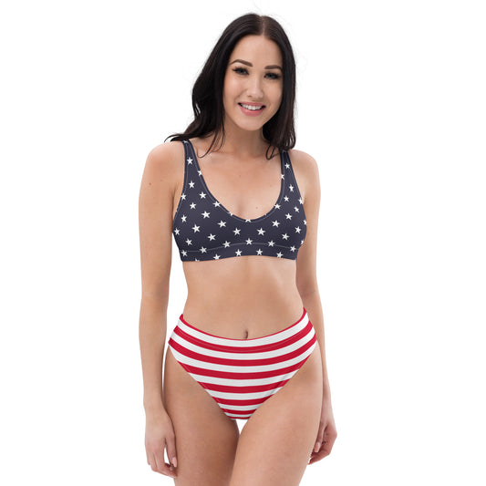 American Flag Bikini Set, USA Patriotic Stars Stripes Red White Blue 4th of July Sustainable High-Waisted Cheeky Swimsuits Women Padded Starcove Fashion