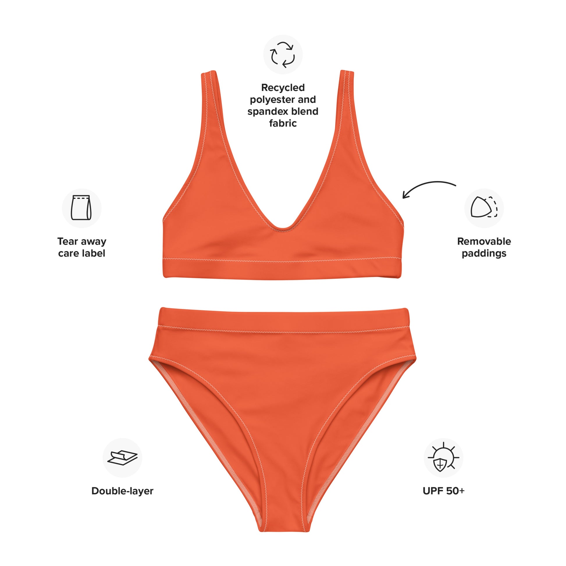 Orange Sustainable High-Waisted Bikini Set, Recycled Eco Friendly Cheeky Swimsuits Women Padded Swimwear Starcove Fashion