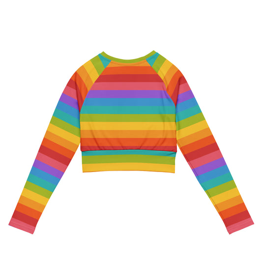 Rainbow Long Sleeve Crop Top Shirt, Striped Recycled Fitted Tee Women Adult Cute Aesthetic Graphic Rash Guard Plus Size Crewneck Starcove Fashion