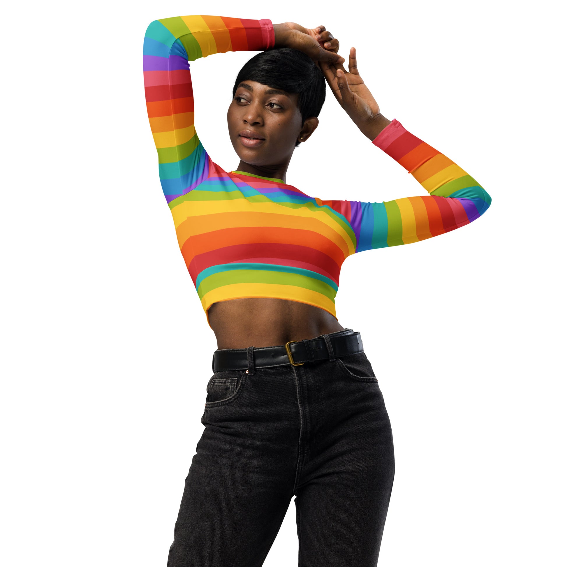 Rainbow Long Sleeve Crop Top Shirt, Striped Recycled Fitted Tee Women Adult Cute Aesthetic Graphic Rash Guard Plus Size Crewneck Starcove Fashion