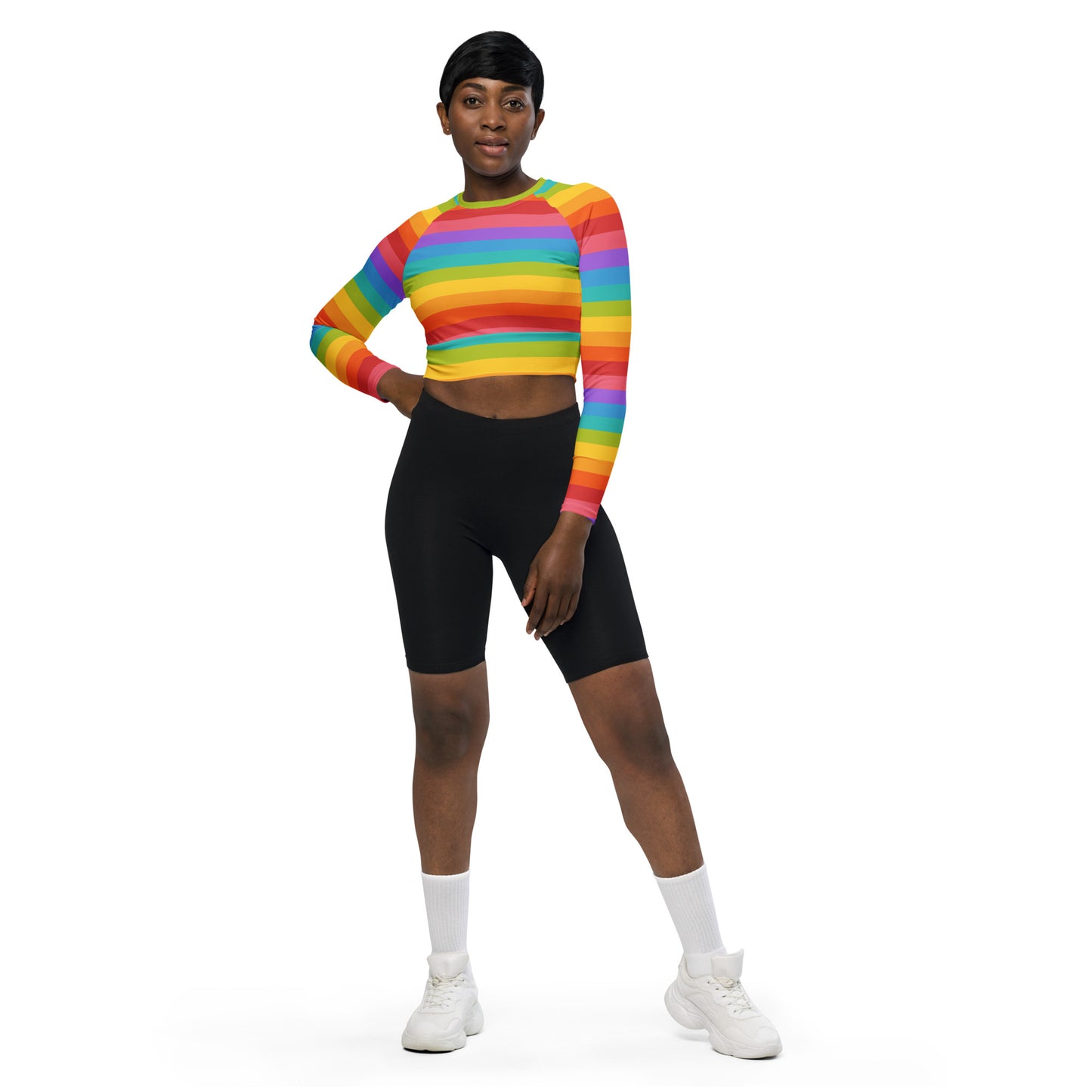 Rainbow Long Sleeve Crop Top Shirt, Striped Recycled Fitted Tee Women Adult Cute Aesthetic Graphic Rash Guard Plus Size Crewneck