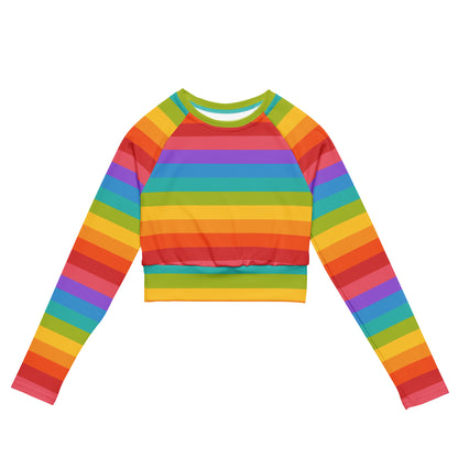 Rainbow Long Sleeve Crop Top Shirt, Striped Recycled Fitted Tee Women Adult Cute Aesthetic Graphic Rash Guard Plus Size Crewneck