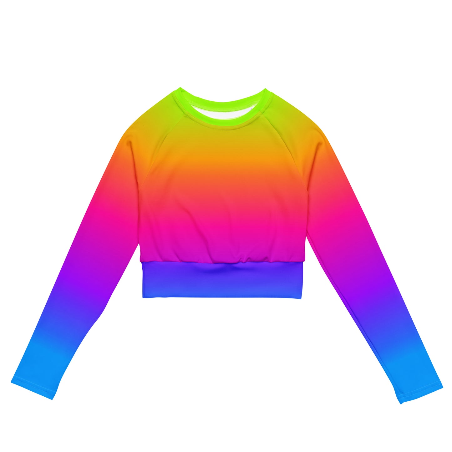 Colorful Ombre Long Sleeve Crop Top Shirt, Tie Dye Rash Guard UPF Beach Recycled Fitted Tee Women Adult Cute Plus Size Crewneck