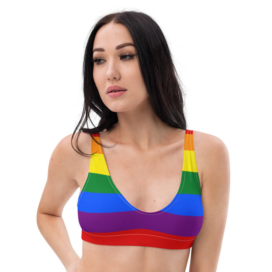 Pride Rainbow Flag Recycled Padded Bikini Top, Sustainable Gay Stripe LGBT LGBTQ Eco Friendly Swimsuits Crop Festival Top Women Swimwear Starcove Fashion