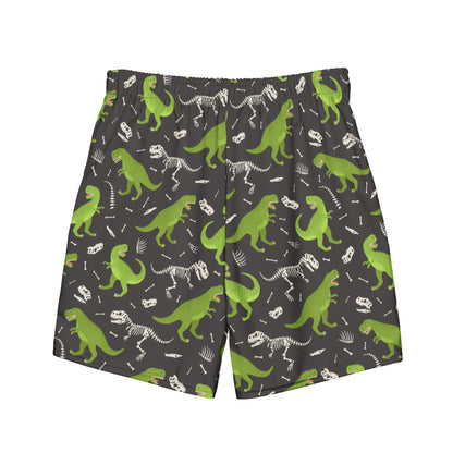 Dino Men Swim Trunks, Dinosaur Beach Mesh Pockets Beach Bathing Suit Plus Size Eco Friendly Mid Length Shorts