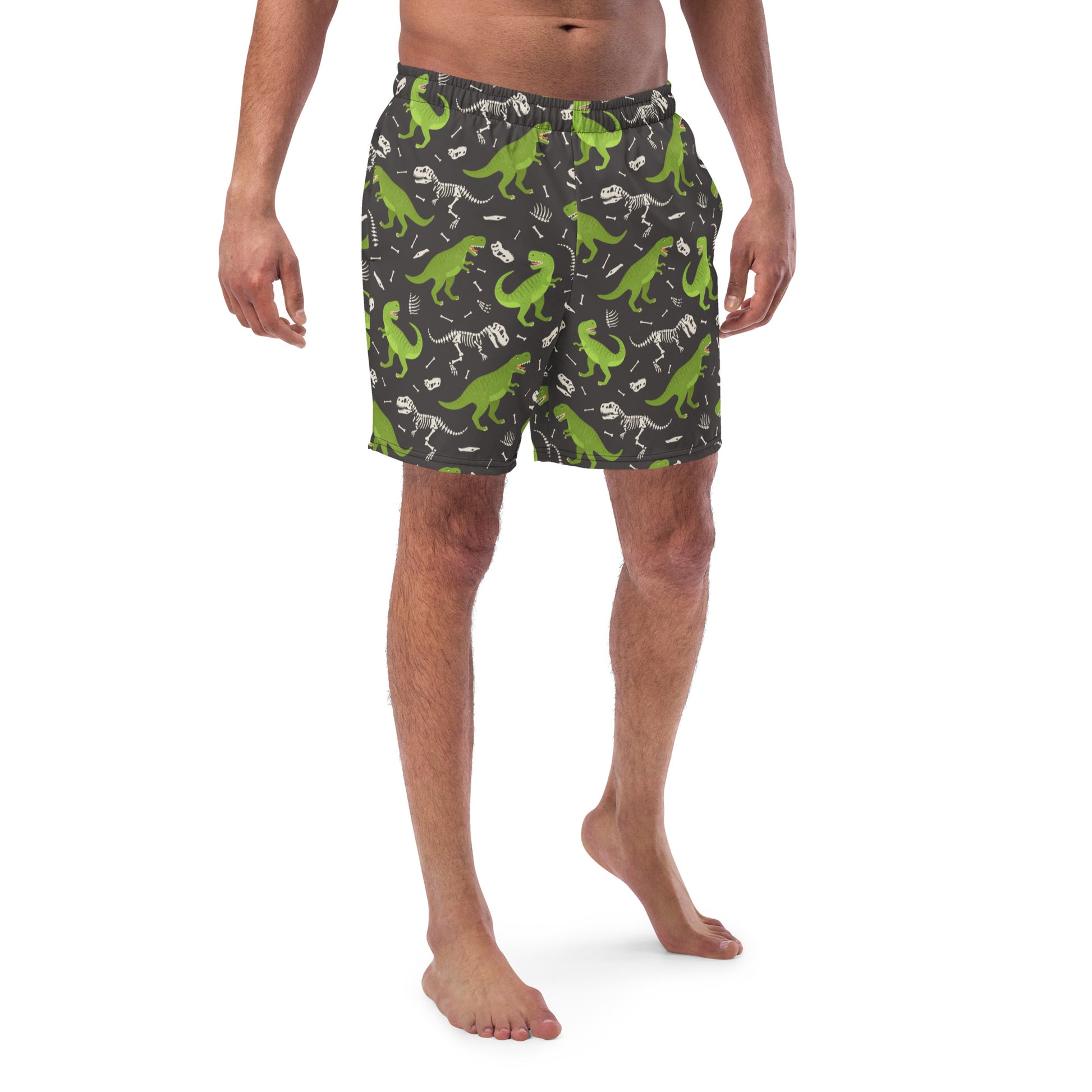 Dino Men Swim Trunks, Dinosaur Beach Mesh Pockets Beach Bathing Suit Plus Size Eco Friendly Mid Length Shorts Starcove Fashion