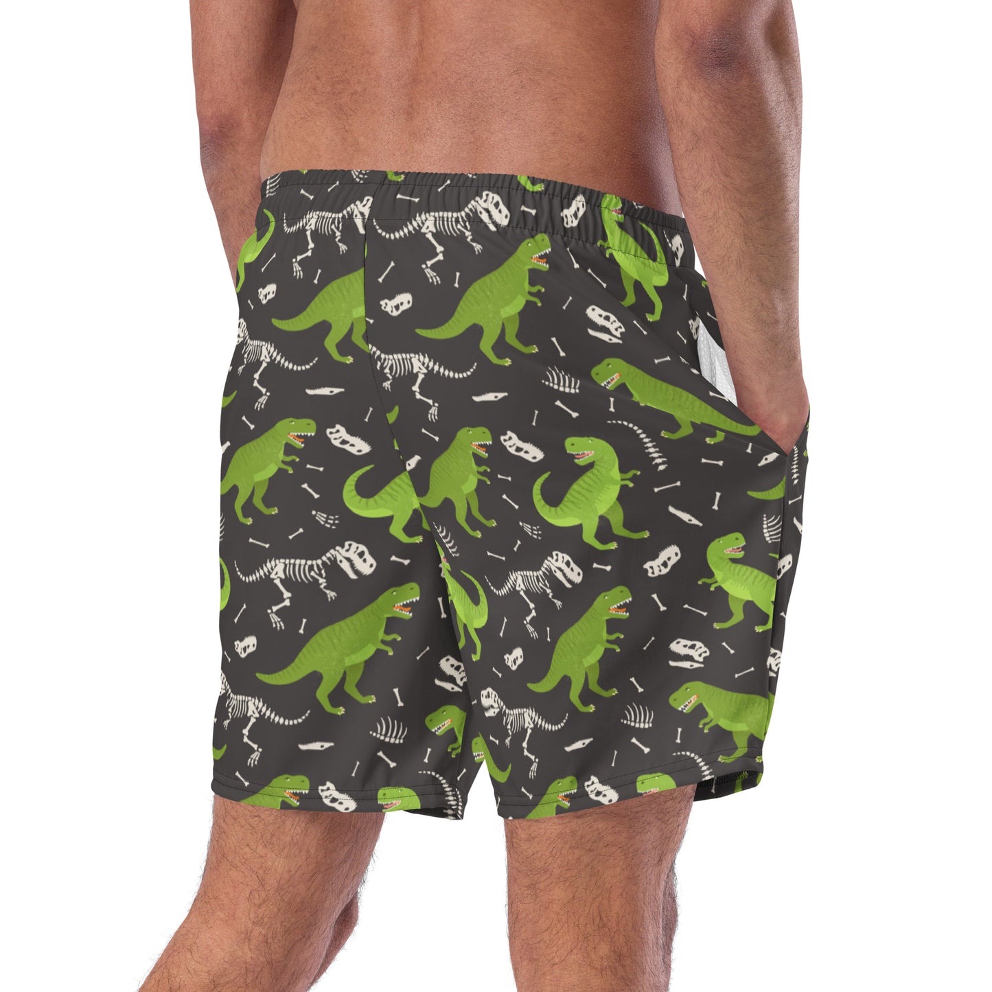 Dino Men Swim Trunks, Dinosaur Beach Mesh Pockets Beach Bathing Suit Plus Size Eco Friendly Mid Length Shorts