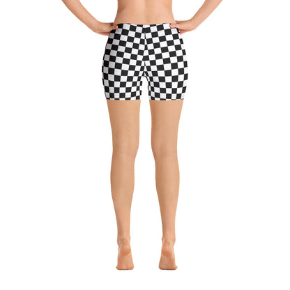 Checkered Women Shorts, Black White Check Checkerboard Yoga Biker Sport Workout Gym Festival Running Sexy Festival Spandex Bottoms