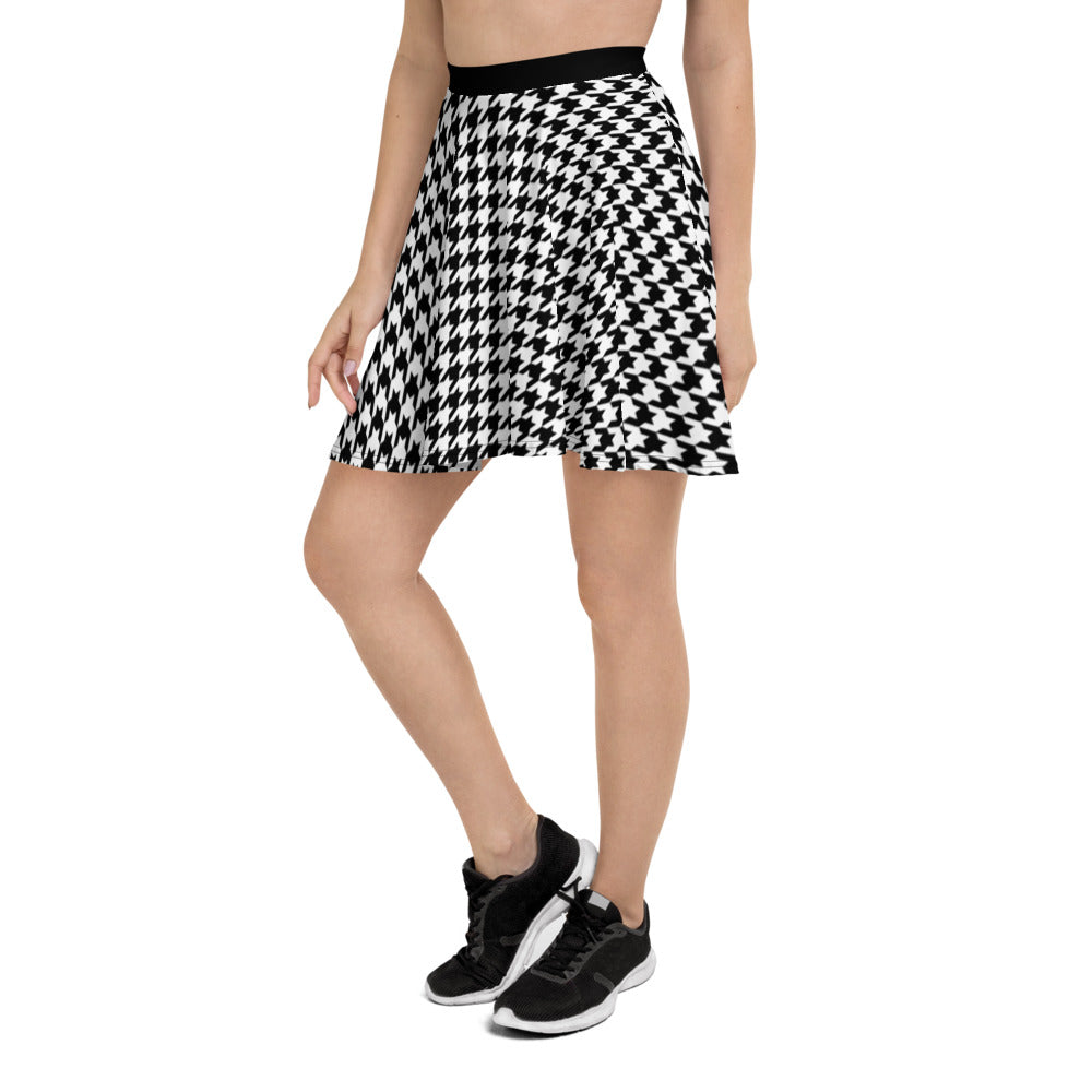 Houndstooth Print Skater Skirt, Black White Pattern Mini Short Circle Cute Handmade Party Sexy Women Pleated High Wasted Skirt Starcove Fashion