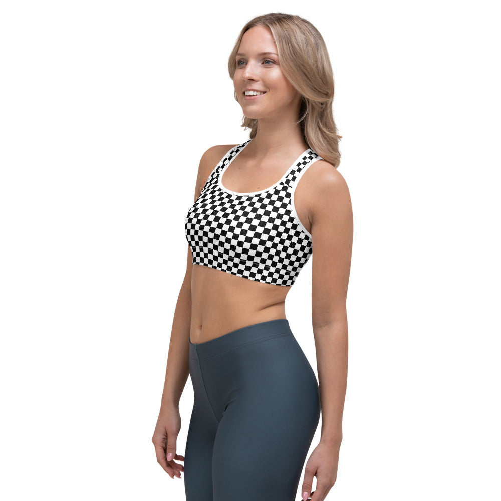 Checkered Sports Bra, Black White Racing Dry Moisture Wicking Yoga Fitness Exercise Workout Designer Training Top for Women Starcove Fashion