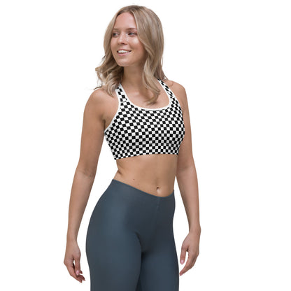 Checkered Sports Bra, Black White Racing Dry Moisture Wicking Yoga Fitness Exercise Workout Designer Training Top for Women Starcove Fashion