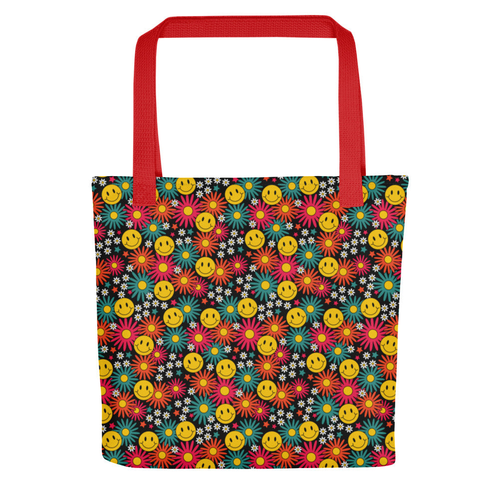 Groovy Flowers Tote Bag, Floral Funky Trippy Smile Cute Canvas Shopping Small Large Travel Reusable Aesthetic Shoulder Bag Starcove Fashion