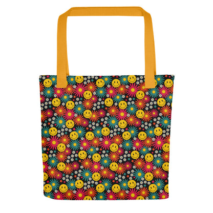 Groovy Flowers Tote Bag, Floral Funky Trippy Smile Cute Canvas Shopping Small Large Travel Reusable Aesthetic Shoulder Bag Starcove Fashion