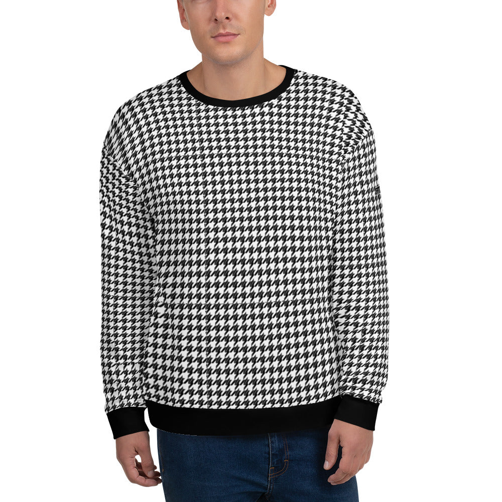 Houndstooth Black White Men Sweatshirt, Retro Pattern Check Plaid Cotton Sweater Jumper Vintage Designer Crewneck Starcove Fashion