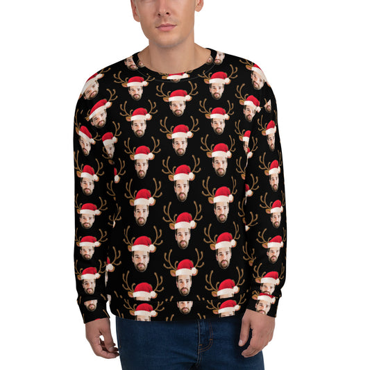 Reindeer Hat Ugly Christmas Sweater, Custom Faces Sweatshirt Funny Selfie Boyfriend Girlfriend Photo Gift Party Xmas Family Women Men Holiday Starcove Fashion