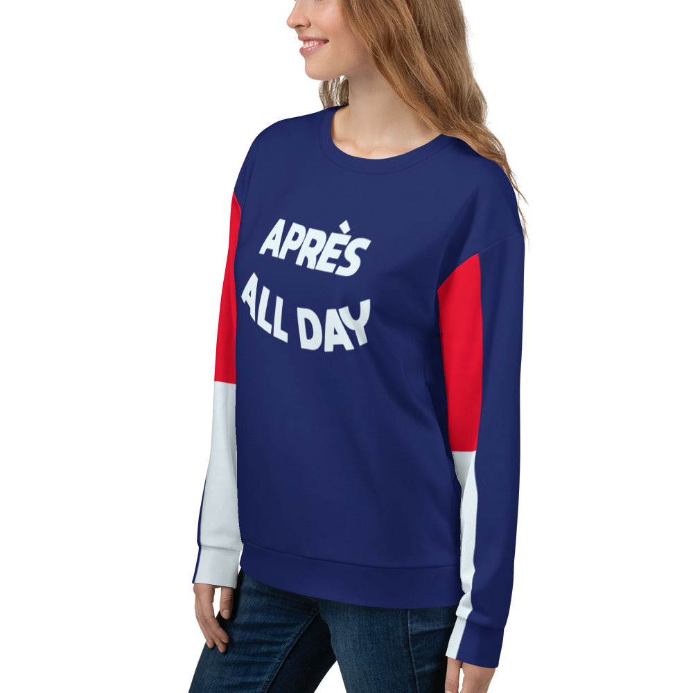 Apres All Day Sweatshirt, Pullover Sweater Blue Red Ski Skiing Snowboard After Yoga Snow Mountain Resort Shirt Gifts for Her. Starcove Fashion