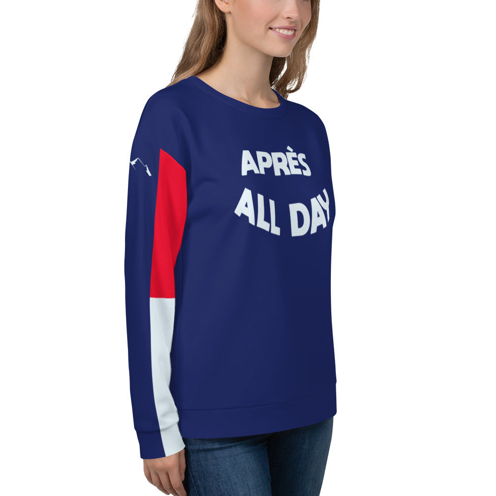 Apres All Day Sweatshirt, Pullover Sweater Blue Red Ski Skiing Snowboard After Yoga Snow Mountain Resort Shirt Gifts for Her. Starcove Fashion