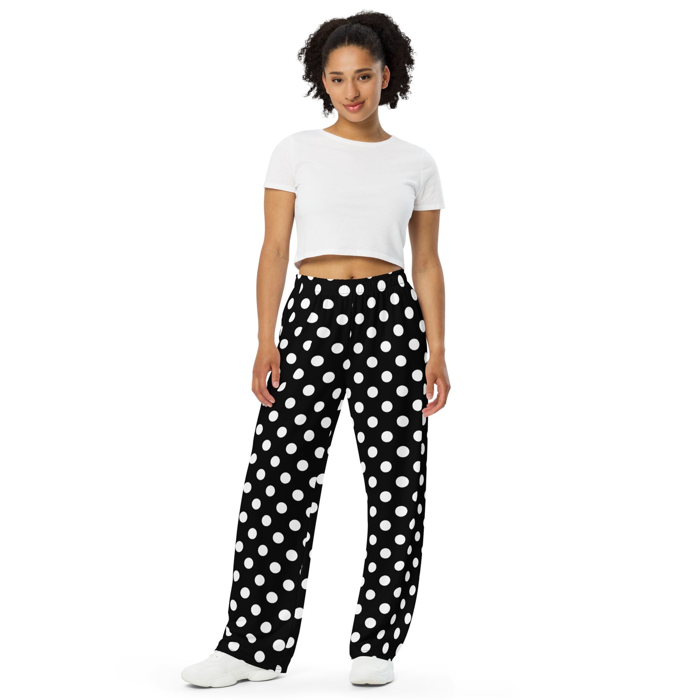 Polka Dots Lounge Pants with Pockets, Black White Unisex Men Women Wide Leg Sweatpants PJ Pajamas Comfy Plus Size Drawstring Yoga