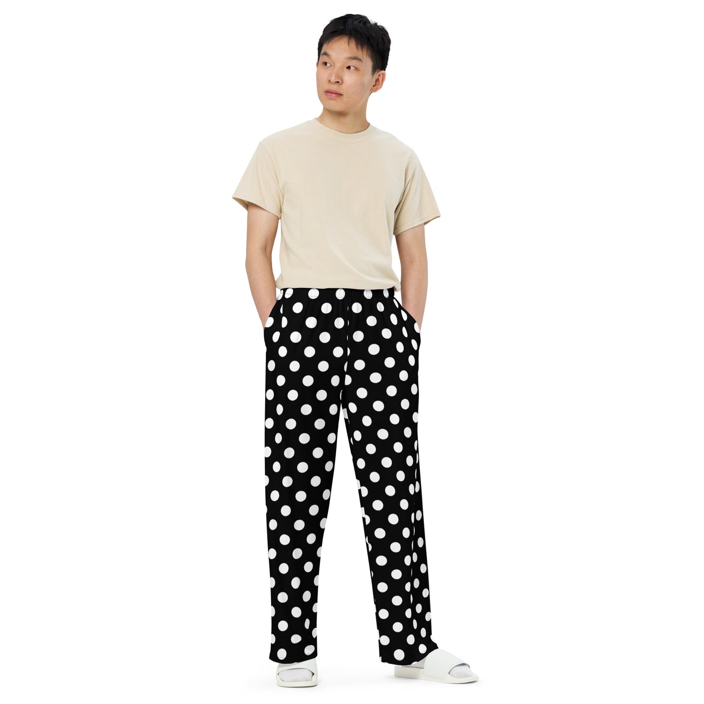 Polka Dots Lounge Pants with Pockets, Black White Unisex Men Women Wide Leg Sweatpants PJ Pajamas Comfy Plus Size Drawstring Yoga