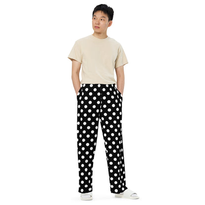 Polka Dots Lounge Pants with Pockets, Black White Unisex Men Women Wide Leg Sweatpants PJ Pajamas Comfy Plus Size Drawstring Yoga Starcove Fashion
