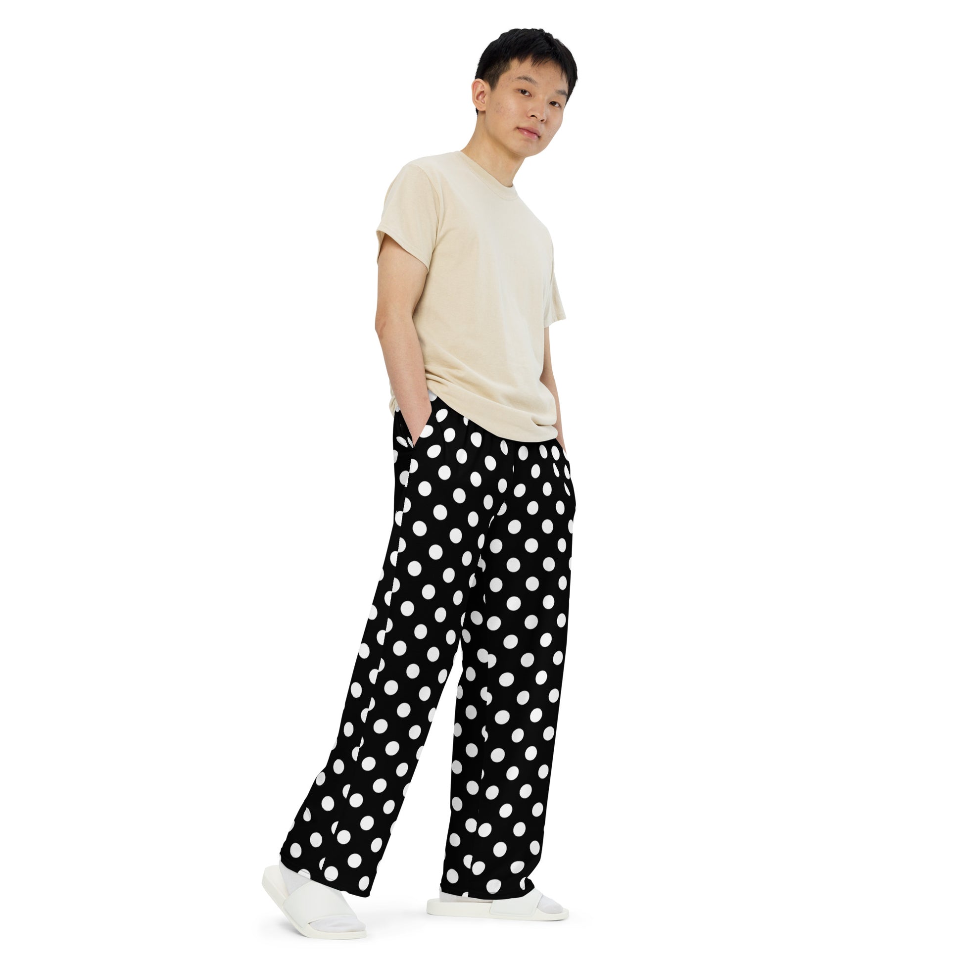 Polka Dots Lounge Pants with Pockets, Black White Unisex Men Women