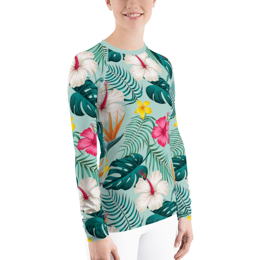 Green Tropical Flower Women Rash Guard, Floral Leaves Print Surf Long Sleeve Swim Shirt Sun Beach Designer Wet Suit Protection 40 UPF Starcove Fashion