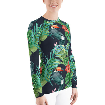 Toucan Tropical Bird Pattern Women's Rash Guard, Leaves Print Surf Long Sleeve Shirt Swimwear Sun Beach Designer Wet Suit Protection 40 UPF Starcove Fashion