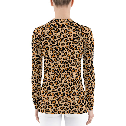 Leopard Women's Rash Guard, Animal Cheetah Print Swim Surf Shirt Long Sleeve Swimwear Sun Protection Designer Wet Suit UPF Cover