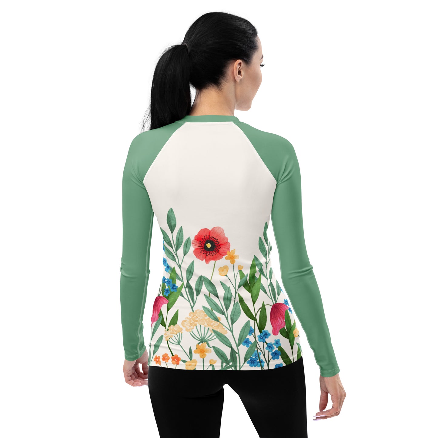 Wild Flowers Women's Rash Guard, Floral Green Print Surf Long Sleeve Swim Shirt Swimwear Sun Protection Jiu Jitsu Designer Suit UPF Cover