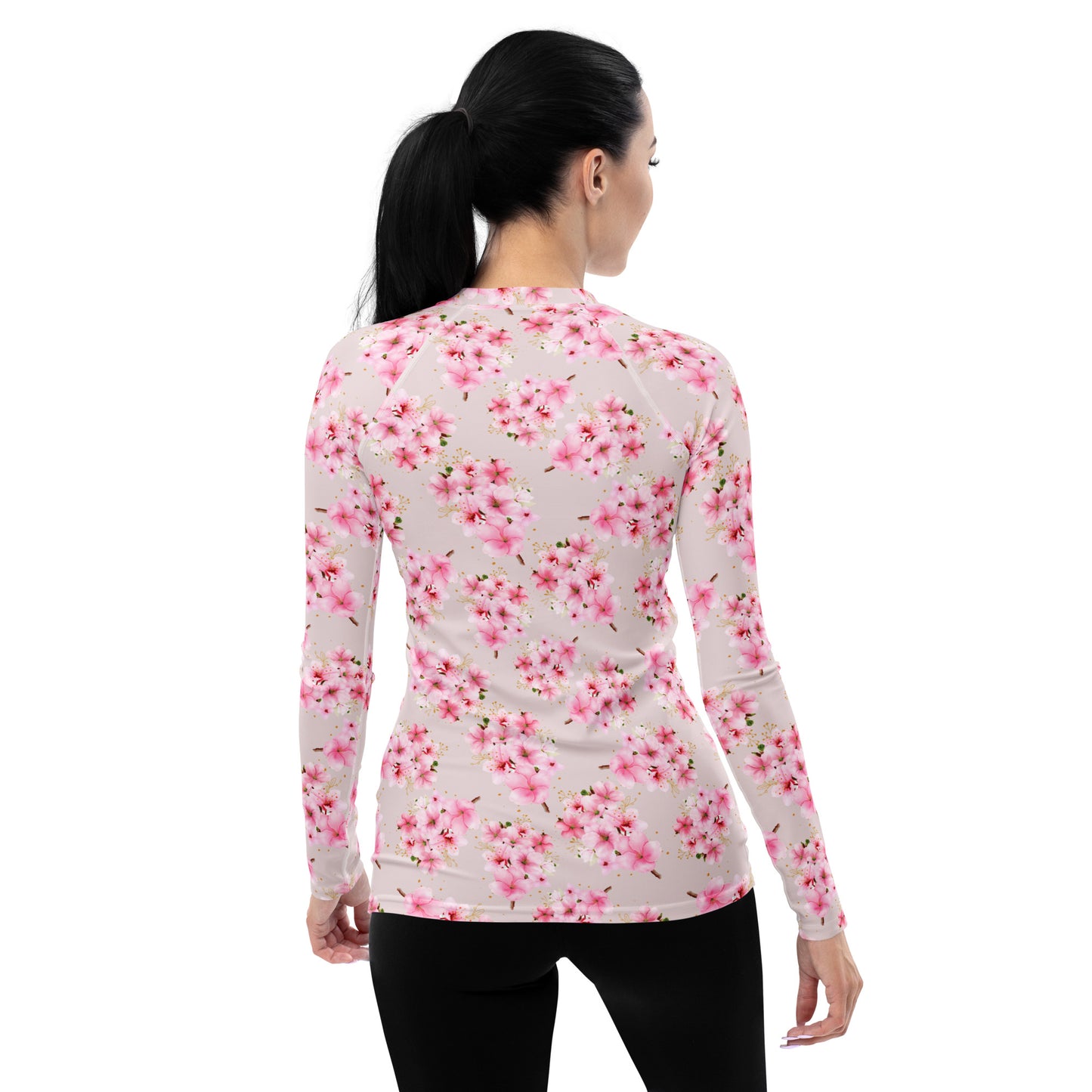 Cherry Blossom Women's Rash Guard, Pink Flowers Print Surf Long Sleeve Swim Shirt Sun Protection Jiu Jitsu Designer Wet Suit UPF Cover