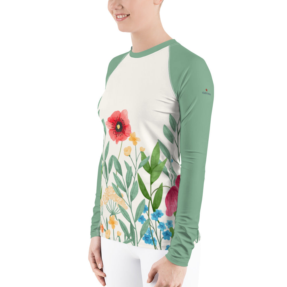 Wild Flowers Women's Rash Guard, Floral Green Print Surf Long Sleeve Swim Shirt Swimwear Sun Protection Jiu Jitsu Designer Suit UPF Cover Starcove Fashion
