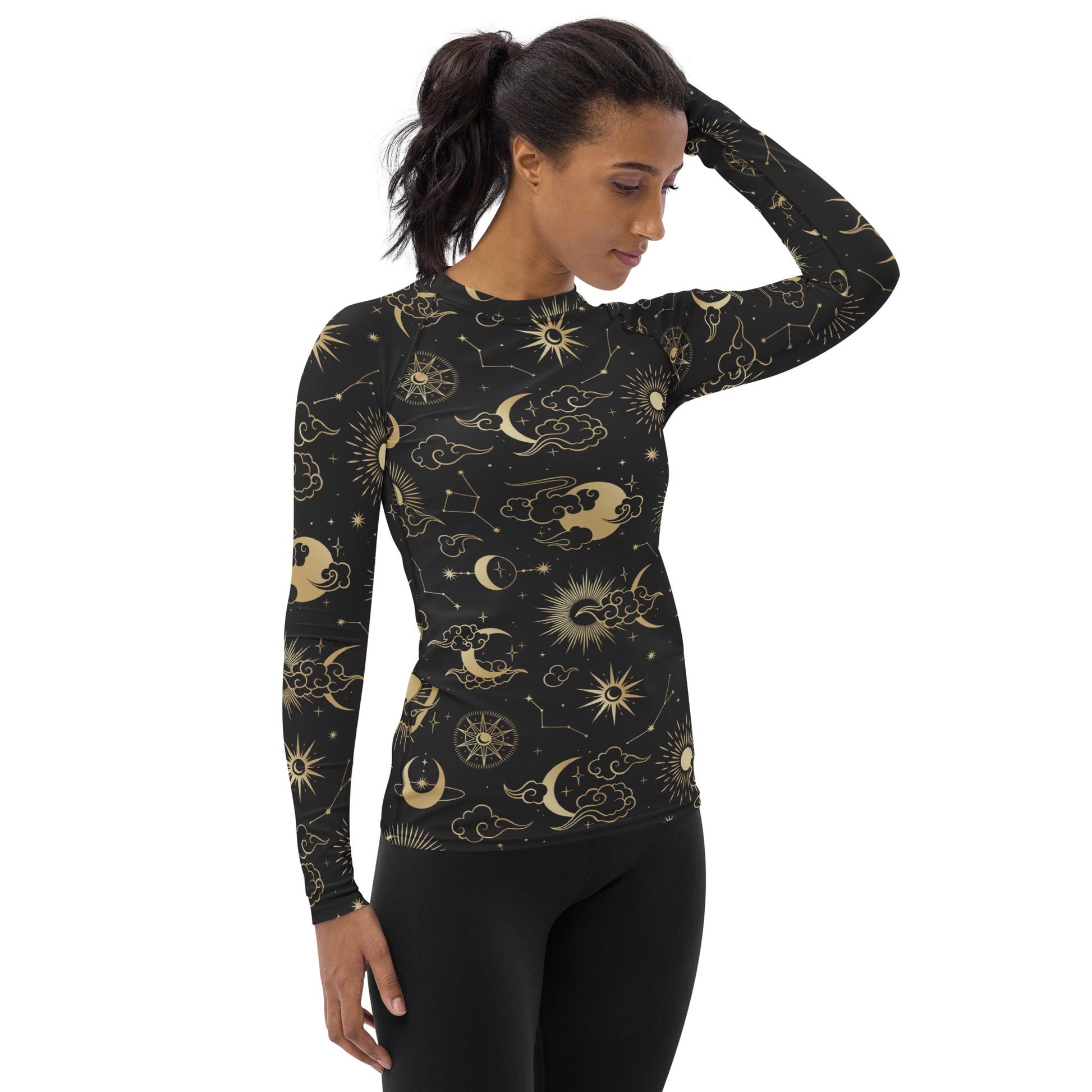 Moon Stars Women's Rash Guard, Constellation Space Print Surf Long Sleeve Swim Shirt Swimwear Sun Designer Wet Suit Protection 40 UPF Starcove Fashion