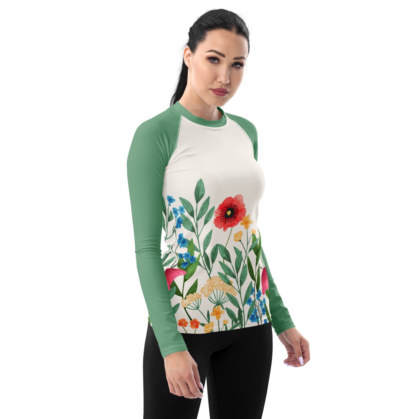 Wild Flowers Women's Rash Guard, Floral Green Print Surf Long Sleeve Swim Shirt Swimwear Sun Protection Jiu Jitsu Designer Suit UPF Cover