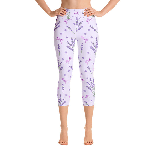Purple Lavender Capri Leggings Women, Flower Floral Cropped Yoga Pants Printed Graphic Workout Gym Fun Designer Tights Gift Starcove Fashion