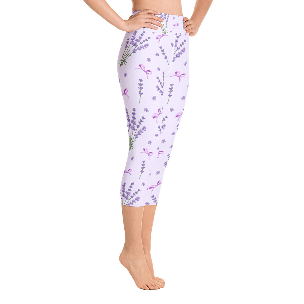 Purple Lavender Capri Leggings Women, Flower Floral Cropped Yoga Pants Printed Graphic Workout Gym Fun Designer Tights Gift Starcove Fashion