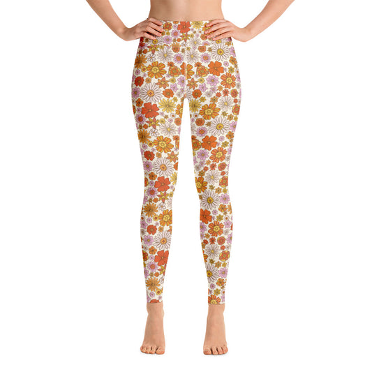 Groovy Flowers Yoga Leggings Women, 70s Retro Floral High Waisted Pants Cute Printed Workout Gym Designer Tights Starcove Fashion