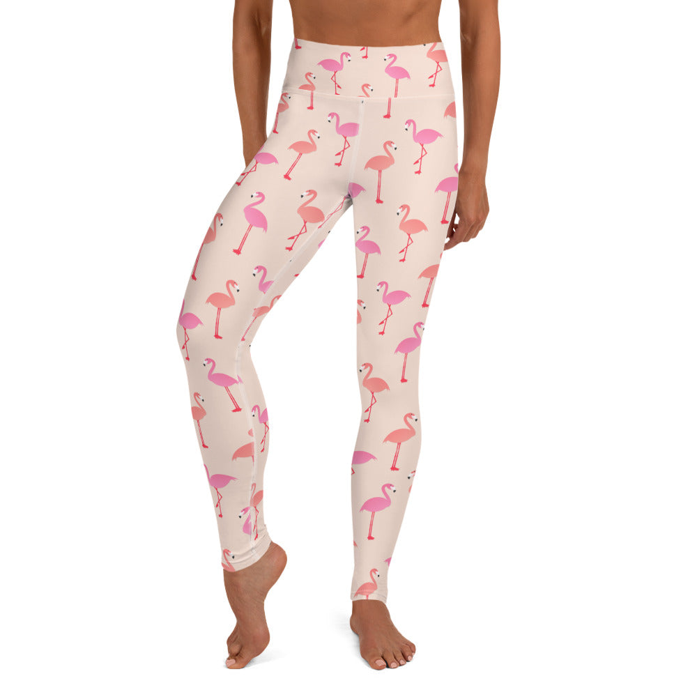 Pink Flamingo Yoga Leggings Women, Designer High Waisted Pants