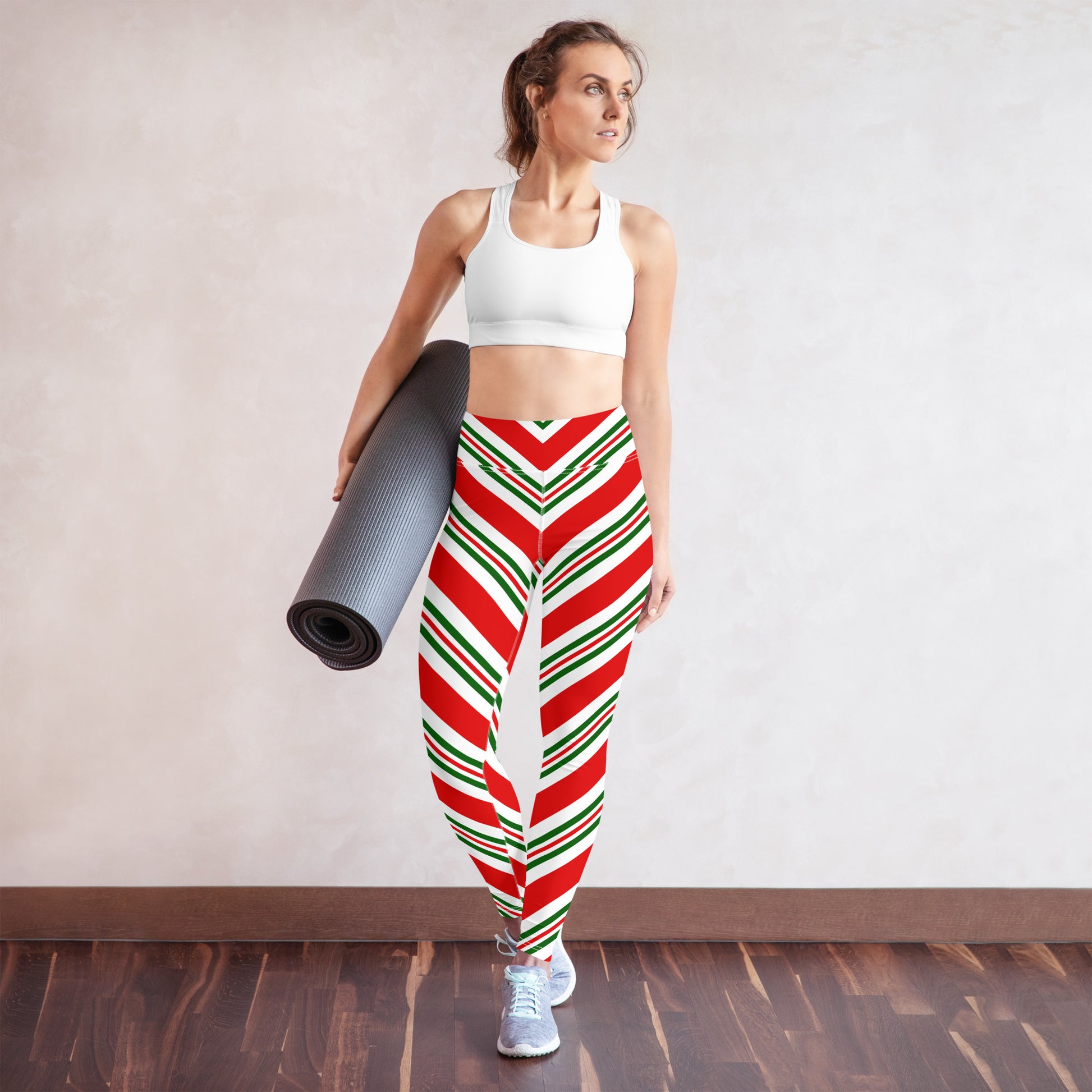 Christmas Candy Cane Leggings, High Waisted Red White Green