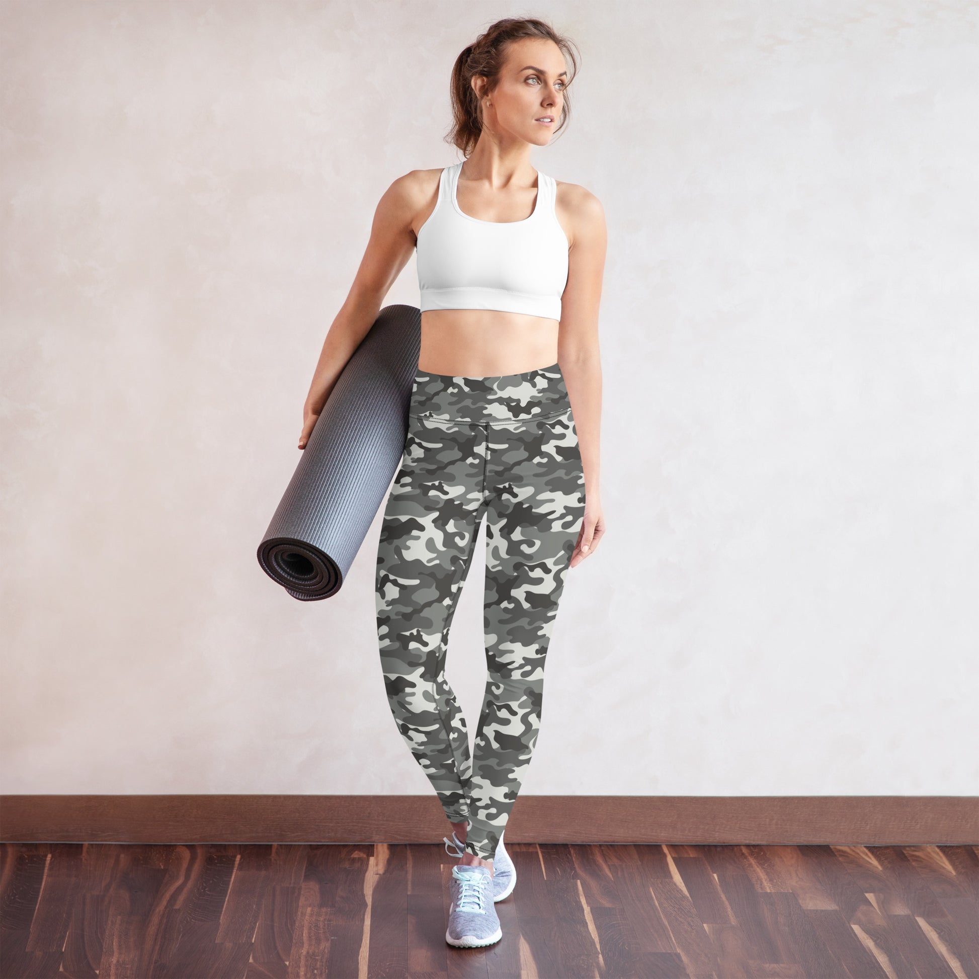Grey Camo Yoga Leggings Women, Camouflage High Waisted Pants Cute Printed Workout Running Gym Designer Tights Starcove Fashion