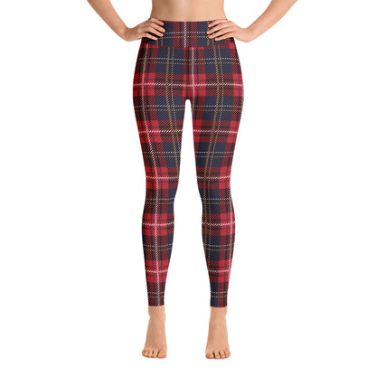 Tartan Yoga Leggings Women, Red Blue Plaid Check High Waisted Pants Cute Printed Graphic Workout Running Gym Designer Tights