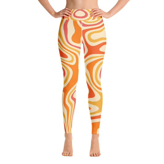 Funky Yoga Leggings Women, Orange Trippy 70s High Waisted Pants Cute Printed Graphic Workout Running Gym Designer Tights Starcove Fashion