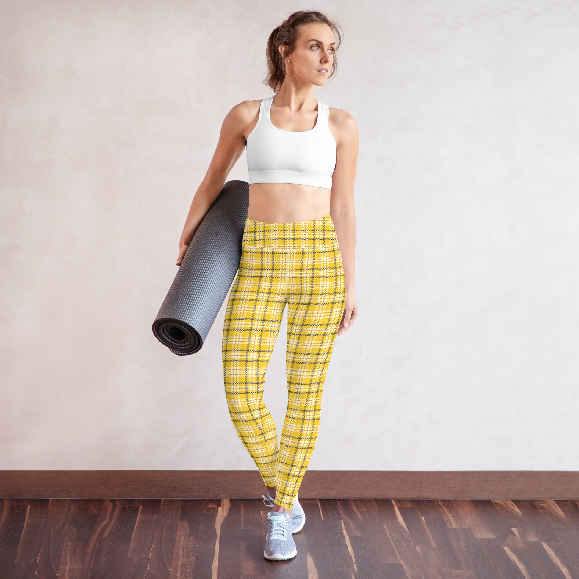 Yellow Plaid Yoga Leggings Women, Tartan High Waisted Pants Cute Printed  Graphic Workout Running Gym Designer Tights